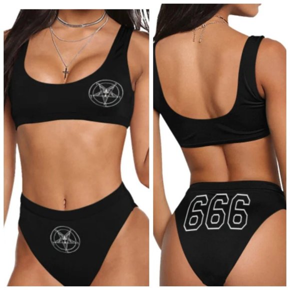 Baphomet 666 Satanic Tank Swim Top Cheeky Bottoms Bikini Swimsuit 2X Black White - Picture 1 of 15